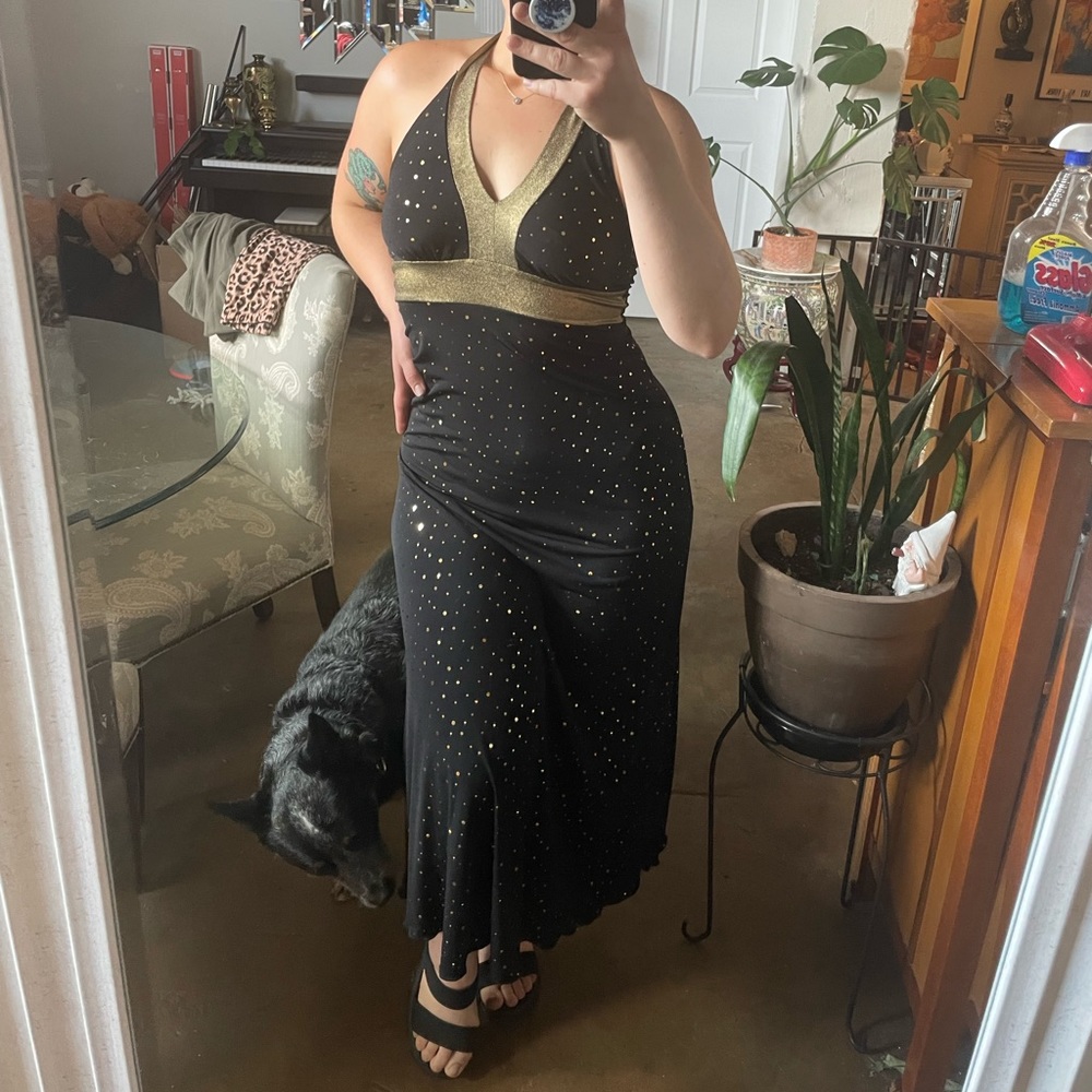 Enfocus Studio black halter top long party dress.